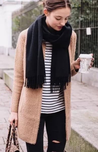 Blush Pink Longline Wool Coat with Striped Tee & Black Scarf