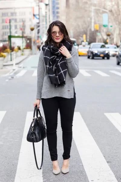 Grey Sweater with Plaid Scarf & Pale Pink Flats