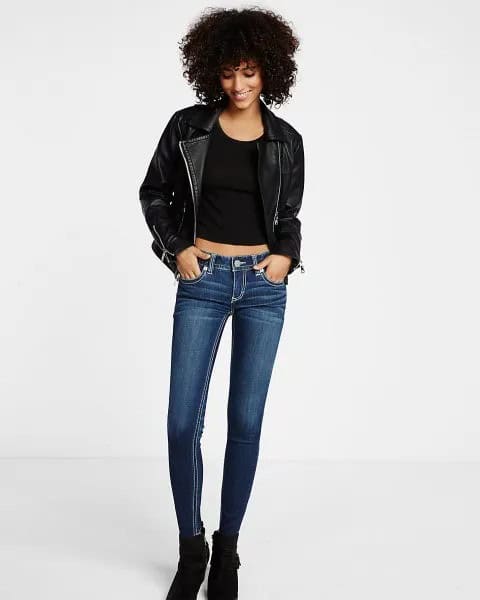 Black Leather Jacket with Scoop Neck Crop Top & Dark Blue Skinny Jeans