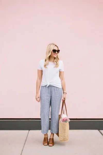 White Knotted Tee with Navy Striped Beach Pants