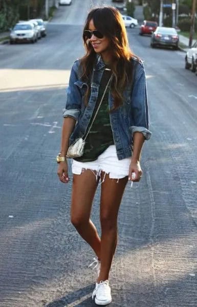 Blue Denim Jacket with Camo T Shirt with Ripped White Jean Shorts