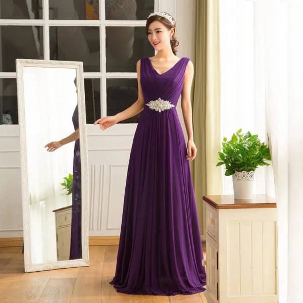 Deep Purple V Neck Belted Sleeve Floor Length Long Dress