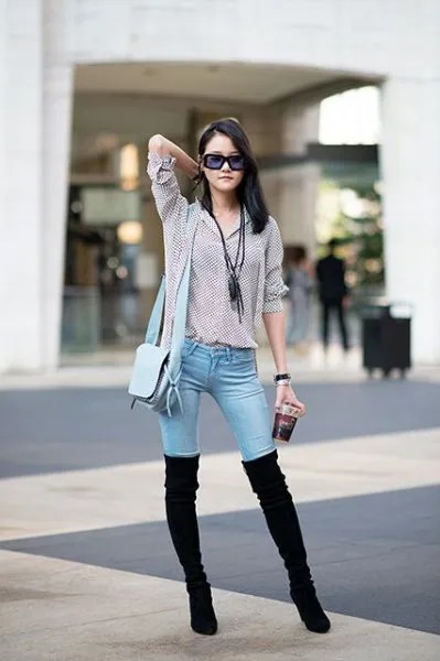 Black and White Checkered Button Up Shirt with Thigh High Suede Boots