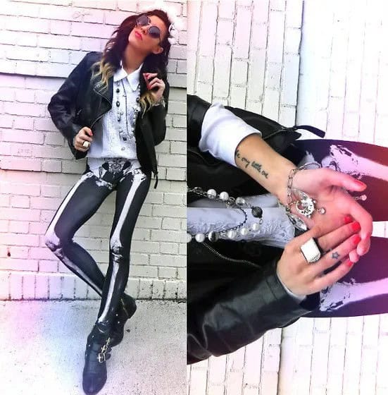 Black Leather Bomber Jacket with White Collar Shirt & Skeleton Leggings