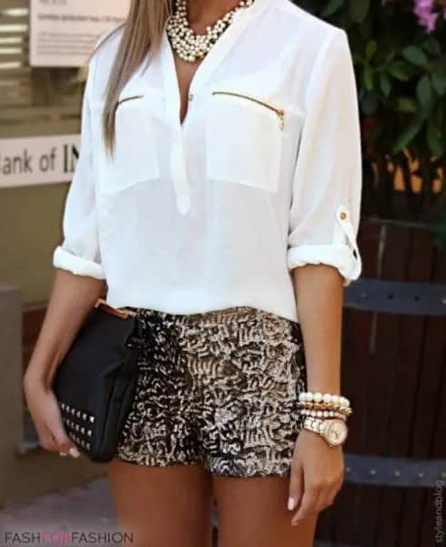 White Front Pocket Chiffon Shirt with Gold Sequin Shorts