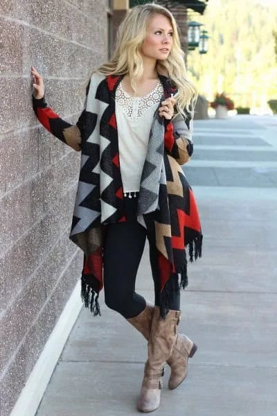 Navy Blue and Orange Zig-Zag Printed Fringe Cardigan with Long Boots