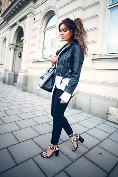 Black Moto Jacket with White Relaxed Fit Chiffon Blouse