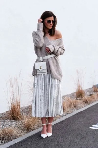 Grey One Shoulder Belted Sweater with Pleated Midi Skirt