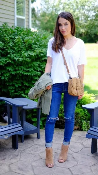 White V Neck Tee with Blue Cuffed Ripped Knee Jeans