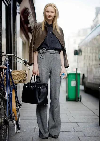 Brown Leather Jacket with Heather Grey Wide Leg Knit Pants