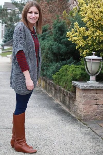 Grey Wide Half Sleeve Cardigan with Brown Leather Knee High Boots