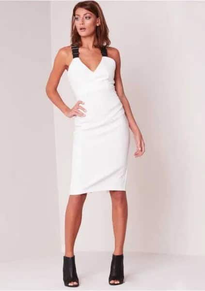 White V Neck Bodycon Dress with Black Straps