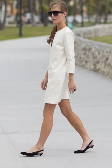 White Long Sleeve Mini Shift Dress with Black Kitten Heel Shoes