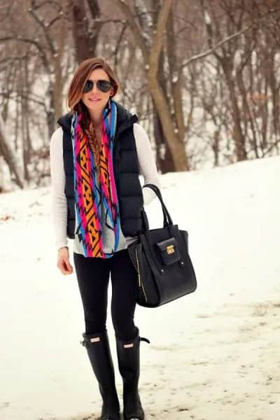 White Long Sleeve Tee with Rainbow-Colored Scarf