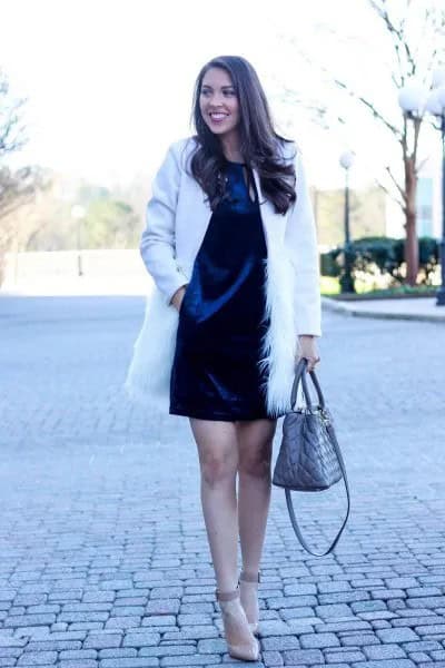 Blue Velvet Shift Dress with White Faux Fur Coat