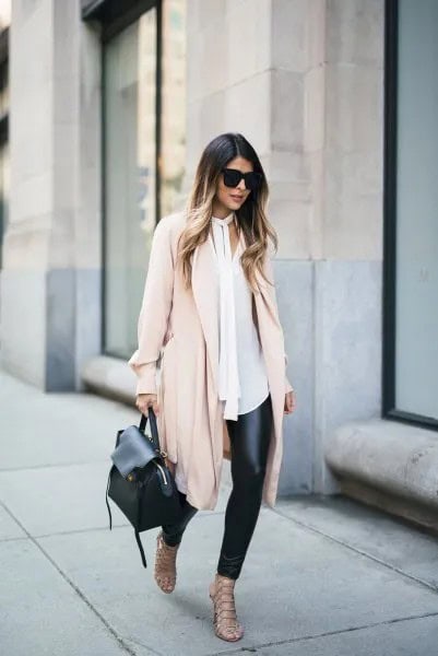 Longline Pale Pink Chiffon Jacket with Black Pleather Leggings