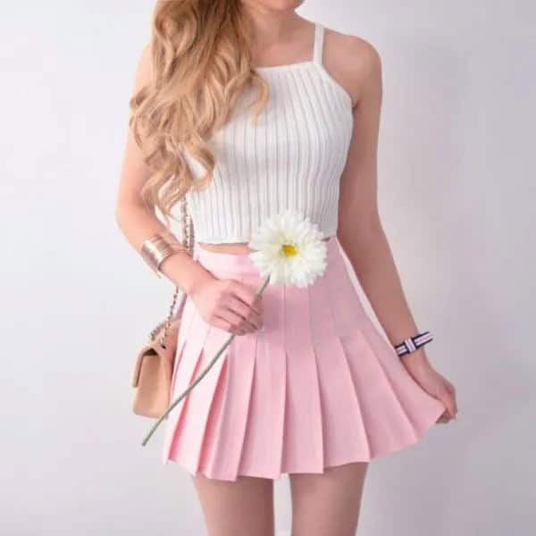 White Halter Knit Top with Pale Pink Pleated Mini Skirt