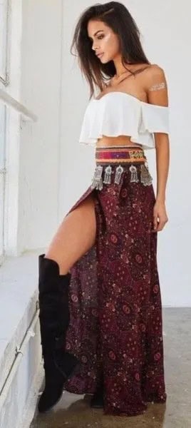 White Ruffle Off The Shoulder Crop Top with High Split Maxi Boho Skirt