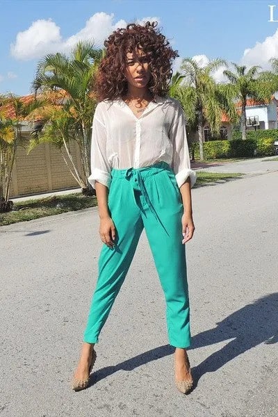 White Semi-Sheer Blouse with Grey High Waisted Cropped Chinos