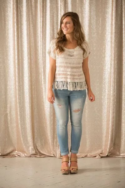 White Crochet Short Sleeve Top with Light Blue Skinny Jeans