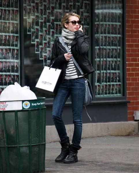 Black and White Striped Tee with Biker Jacket & Leather Ankle Motorcycle Boots