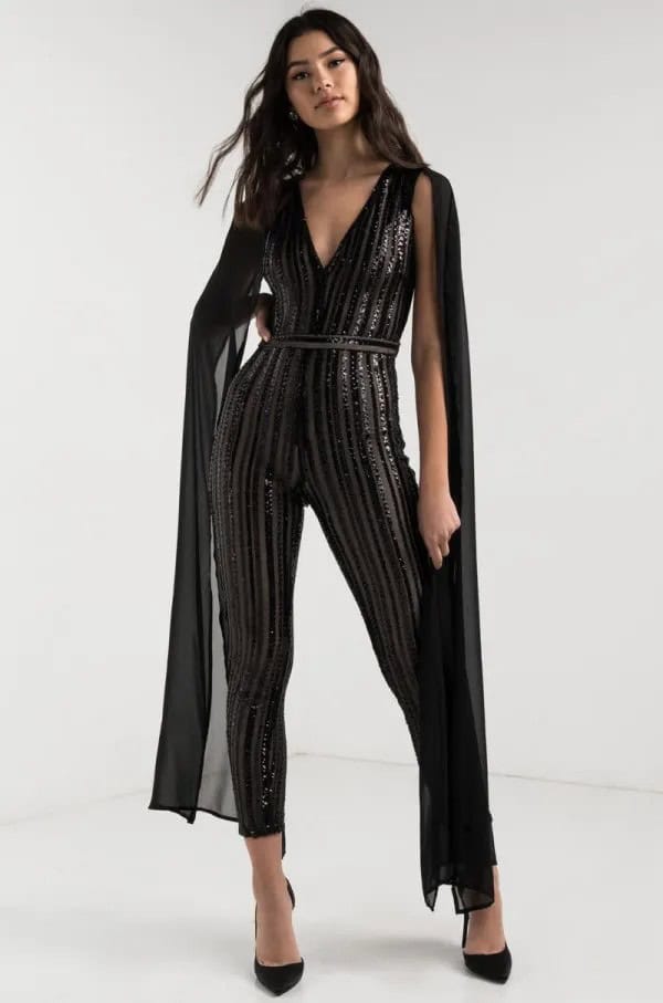 Black Glitter Jumpsuit with Chiffon Maxi Cape