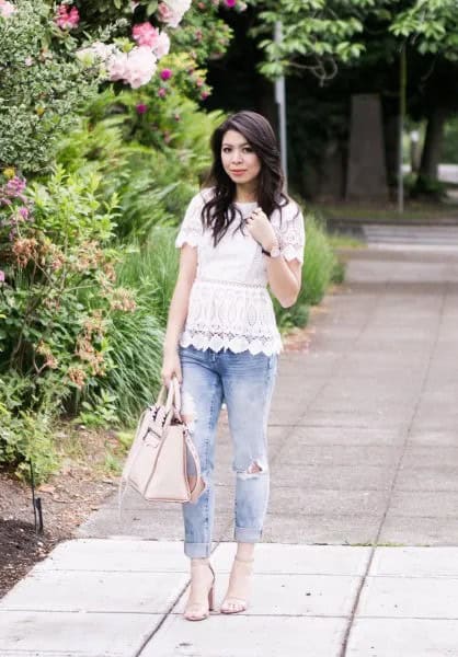 White Scalloped Hem Lace Peplum Top with Cuffed Boyfriend Jeans