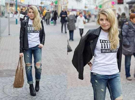 Black Leather Jacket with Print Tee & Ripped Jeans