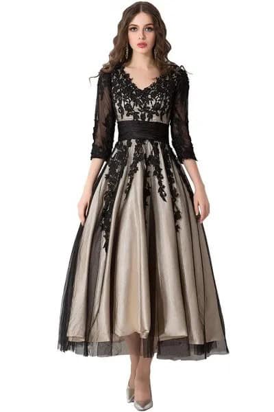 Black Semi-Sheer Three-Quarter Sleeve Fit and Flare Lace V Neck Floor Length Dress