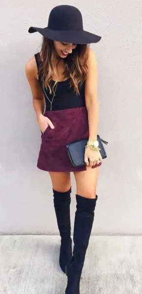 Black Floppy Hat with Tank Top with Suede Skirt