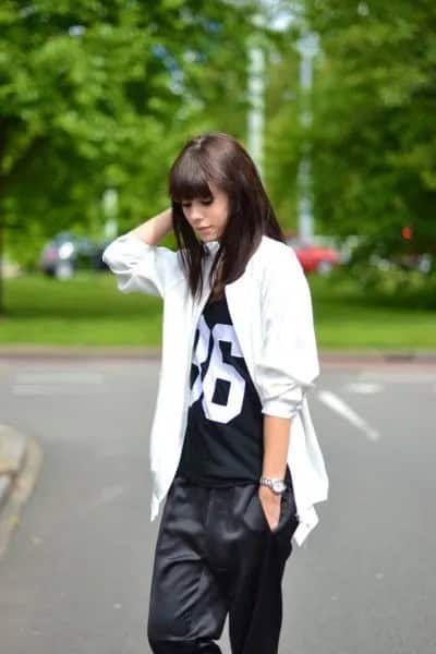 White Oversized Jacket with Black Print Tee & Baggy Pants