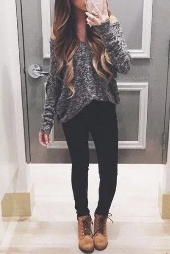 Grey Heather Grey Off The Shoulder Sweater with Camel Lace Up Boots