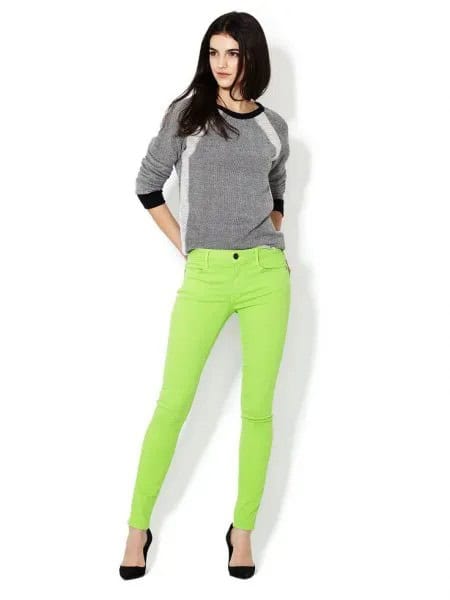 Grey Sweater with Lime Green Skinny Jeans