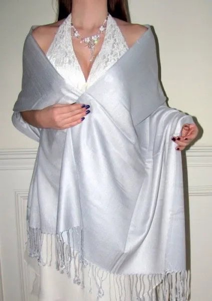 Silver Shawl with White Lace Deep V Neck Dress