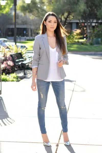 White V Neck Tee with Grey Blazer