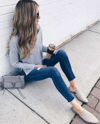 Knit Sweater with Dark Blue Skinny Jeans & Slip On Grey Suede Dress Shoes