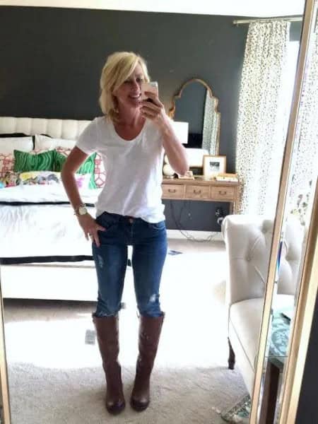 Black Wide Calf Boots with White Tee & Blue Jeans