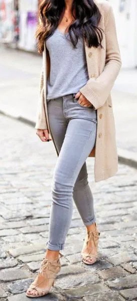 Pale Pink Longline Blazer with Grey T Shirt & Skinny Jeans