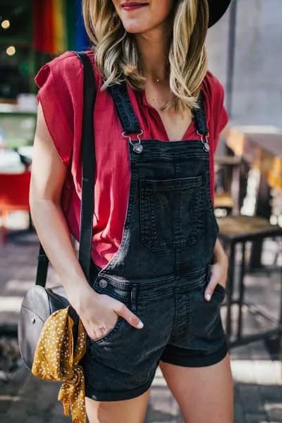 Red Cap Sleeve Blouse with Black Denim Overall Shorts