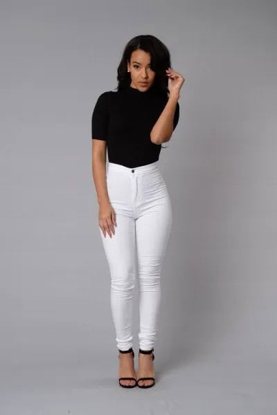 Black Short Sleeve Mock Neck Top with White High Waisted Skinny Jeans