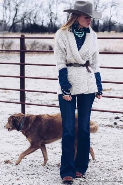 White Wrap Belted Sweater with Blue Flared Jeans & Black Square Toe Boots