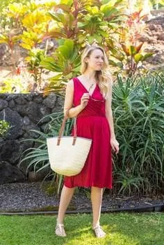 Red Midi Flared Sundress with White Straw Purse