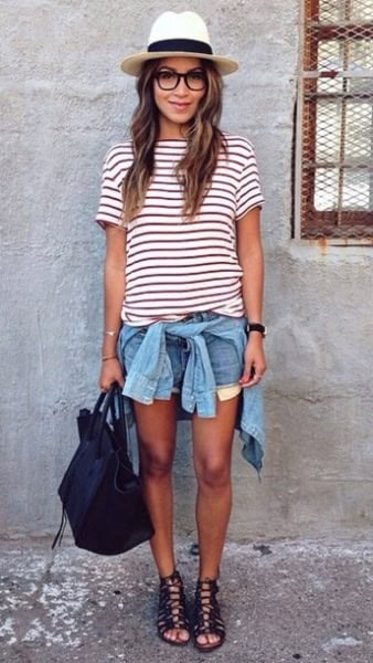 Straw Hat with Striped Tee & Denim Shorts