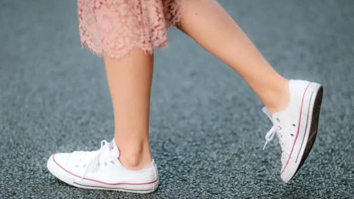 Blush Pink Midi Lace Shift Dress with White Low Top Walking Sneakers