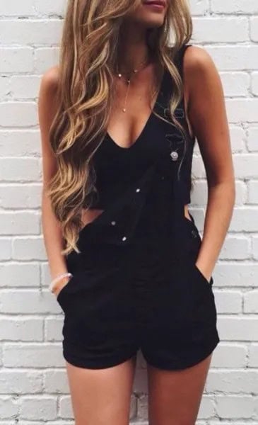 Black Overall Shorts with Deep V Neck Crop Top