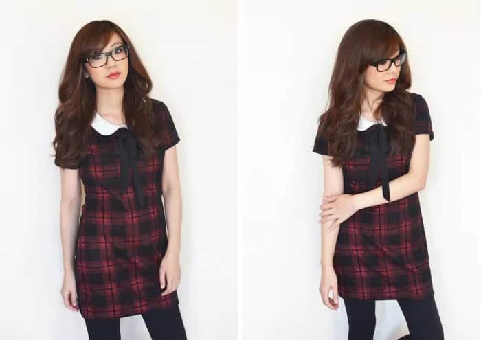 Red and Black Short Sleeve Mini White Collar Tartan Dress