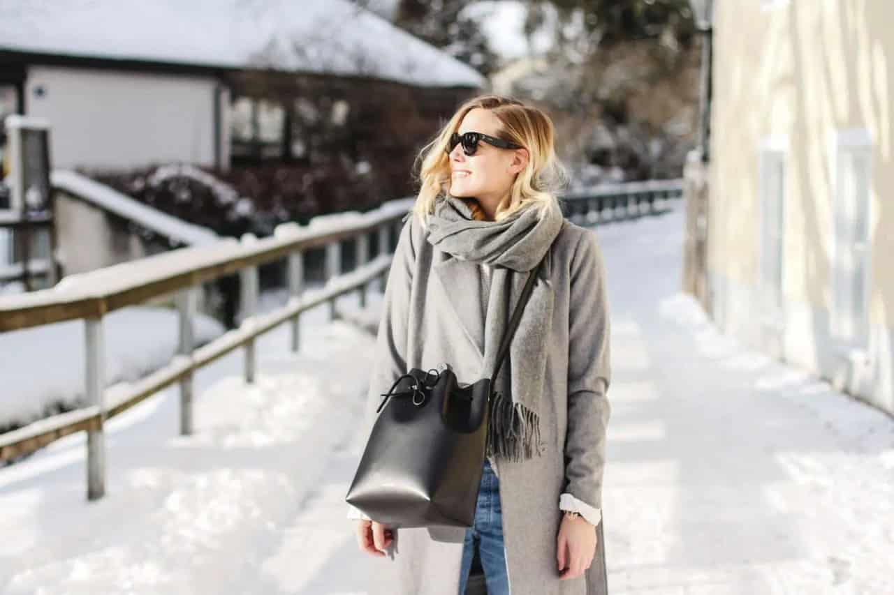 Long or Short Grey Coat + Denim Skirt