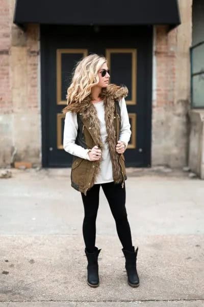 White Crew Neck Sweater with Faux Fur Olive Green Military Vest