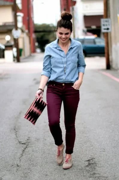 Light Blue Button Up Shirt with Maroon Slim Fit Jeans