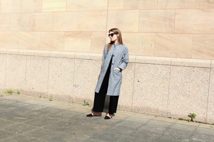 Grey Long Linen Jacket with Black Wide Leg Pants